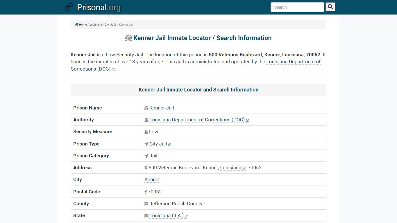 Kenner Jail-Inmate Locator/Search Info, Phone, Fax, Email ...