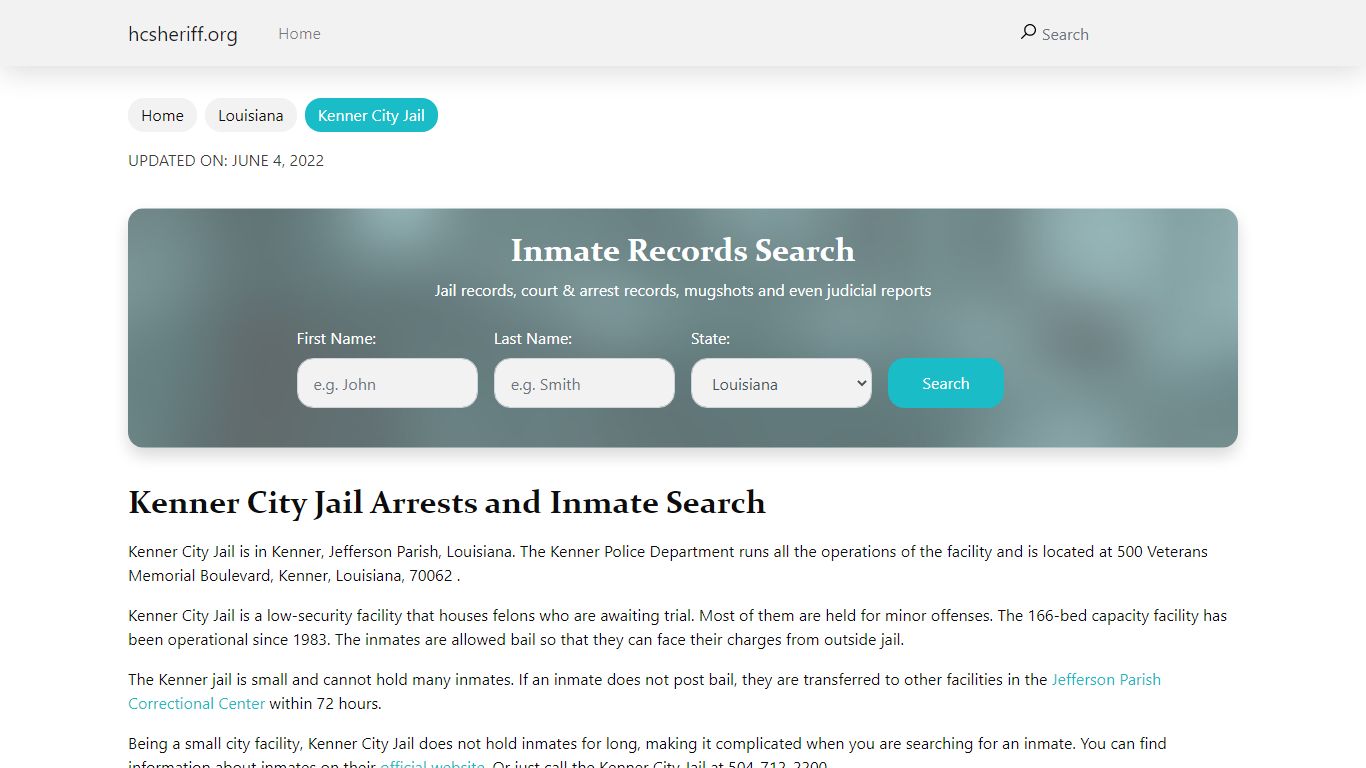 Kenner City Jail Arrests and Inmate Search - hcsheriff.org